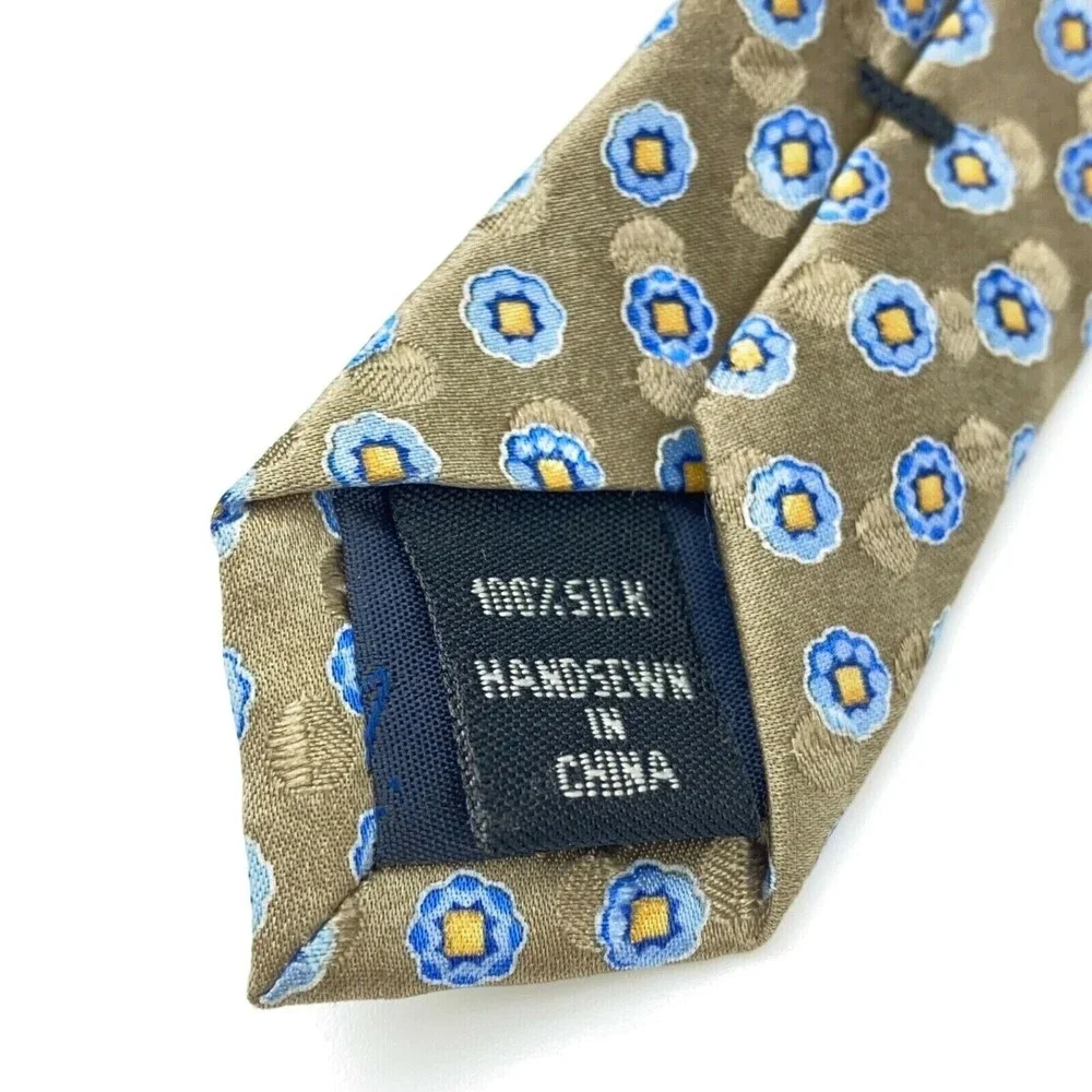 JOS A BANK Tie Grayish Beige Blue Yellow Floral 100% Silk Hand-sewn Necktie 59